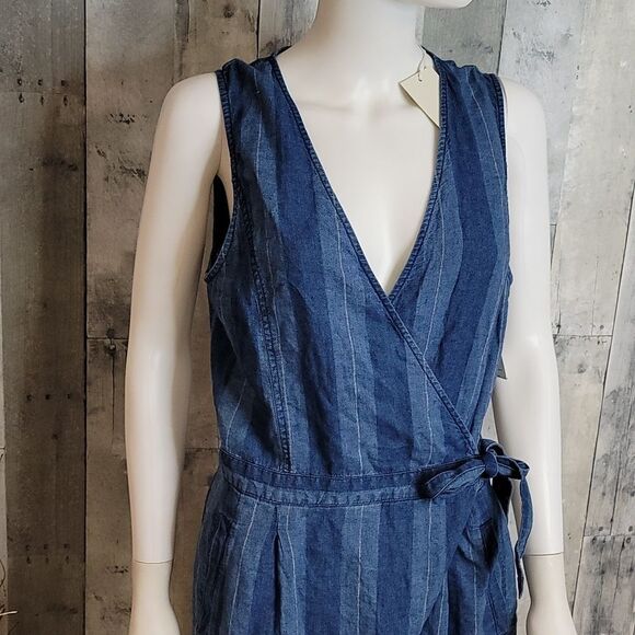 JOIE Xenia Cropped Striped Linen And Cotton-blend Wrap Jumpsuit In Ocean - Picture 5 of 14